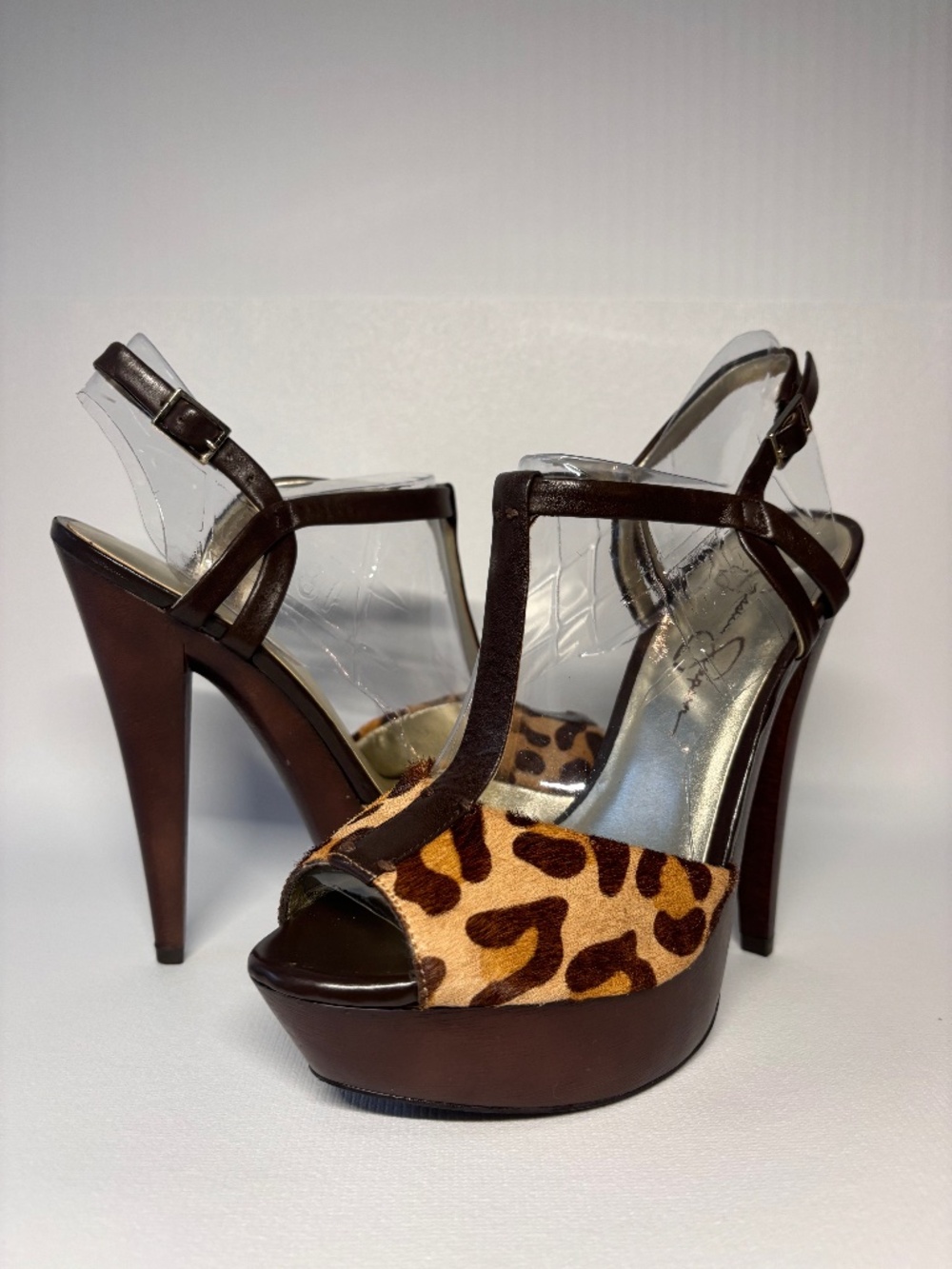 Jessica Simpson Leopard Calf Hair Platform Heels Brown T-Strap Stiletto Size 6.5